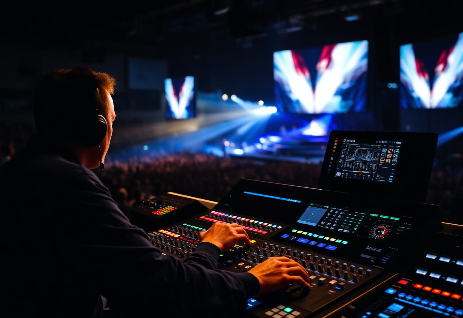 Ingeniero operando consola digital en vivo